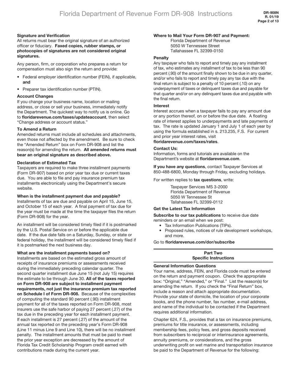Instructions for Form DR-908 Insurance Premium Taxes and Fees Return - Florida, Page 2
