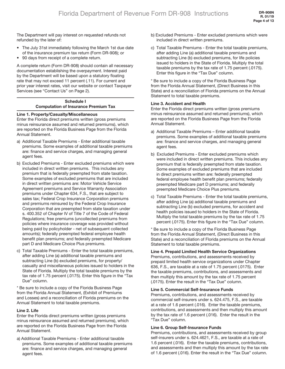 Instructions for Form DR-908 Insurance Premium Taxes and Fees Return - Florida, Page 4