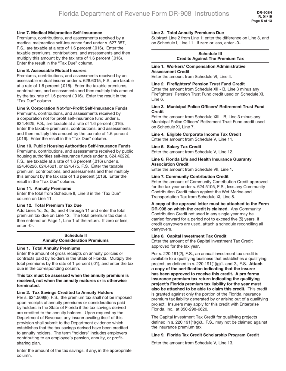 Instructions for Form DR-908 Insurance Premium Taxes and Fees Return - Florida, Page 5