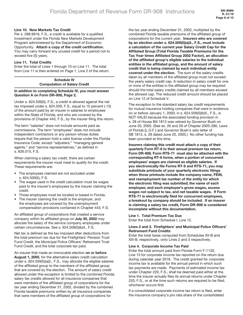 Instructions for Form DR-908 Insurance Premium Taxes and Fees Return - Florida, Page 6