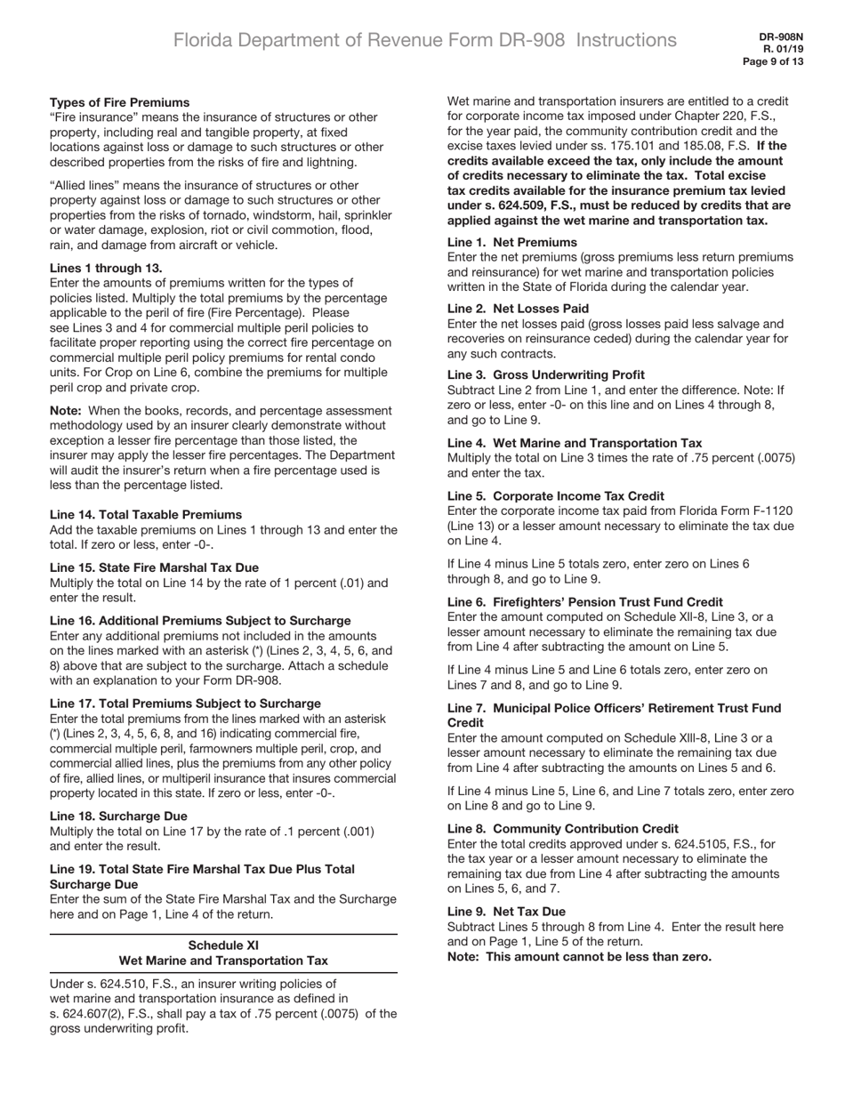 Instructions for Form DR-908 Insurance Premium Taxes and Fees Return - Florida, Page 9