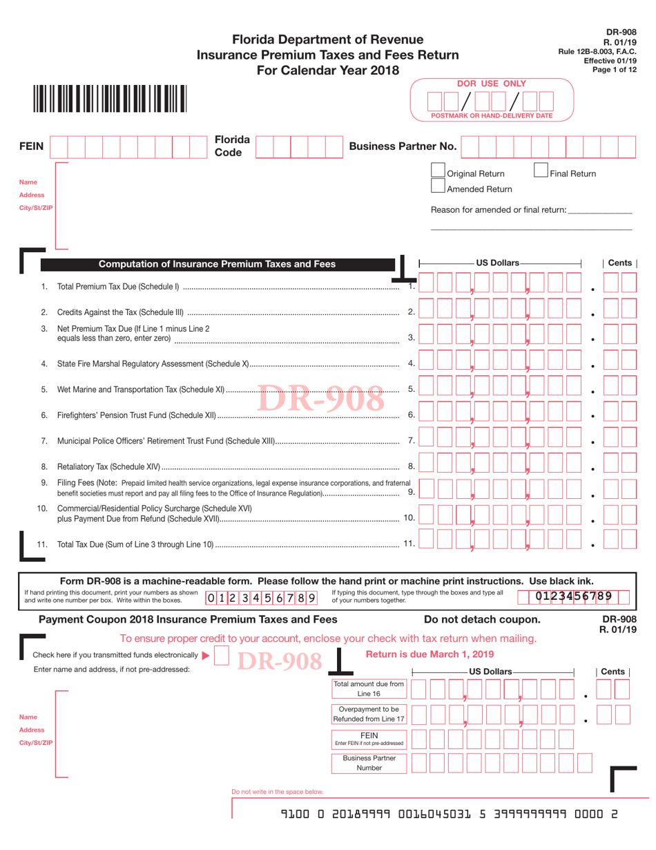 Form DR-908 Insurance Premium Taxes and Fees Return - Florida, Page 1