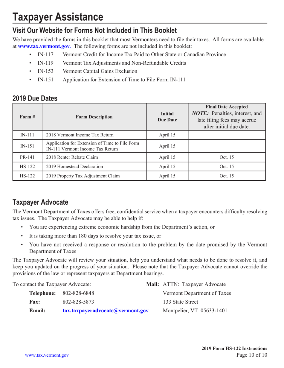 Instructions for Form HS-122 Homestead Declaration and Property Tax Adjustment Claim - Vermont, Page 10