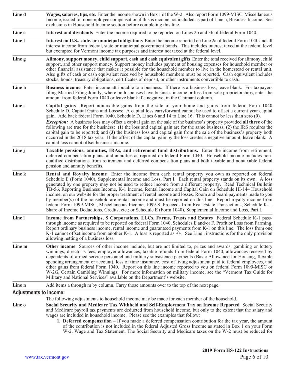 Instructions for Form HS-122 Homestead Declaration and Property Tax Adjustment Claim - Vermont, Page 6