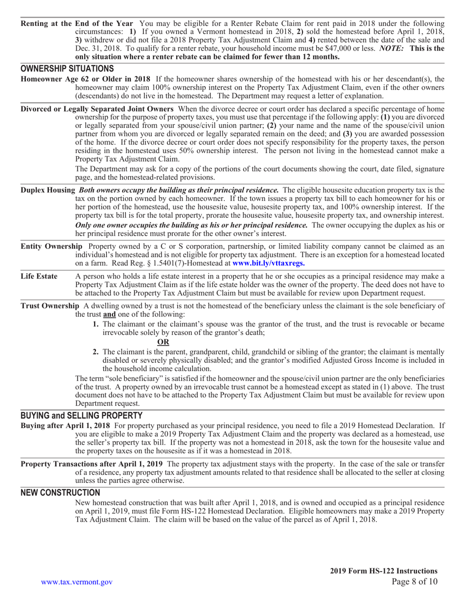 Instructions for Form HS-122 Homestead Declaration and Property Tax Adjustment Claim - Vermont, Page 8