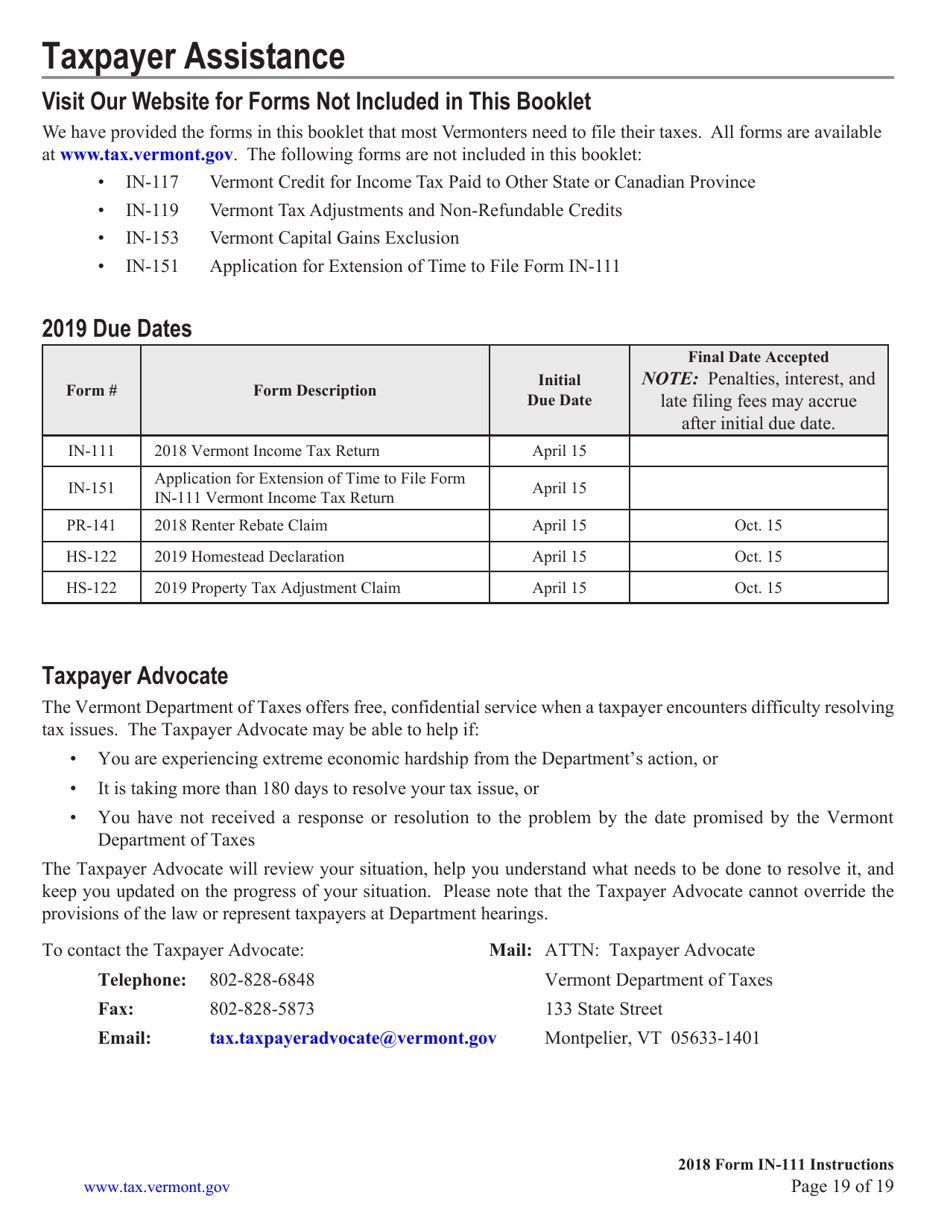 Download Instructions For Form IN-111 Vermont Income Tax Return PDF ...