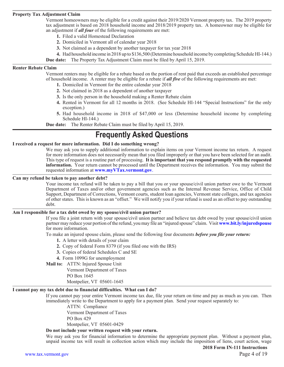 Instructions for Form IN-111 Vermont Income Tax Return - Virginia, Page 4