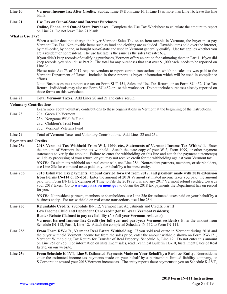 Instructions for Form IN-111 Vermont Income Tax Return - Virginia, Page 8