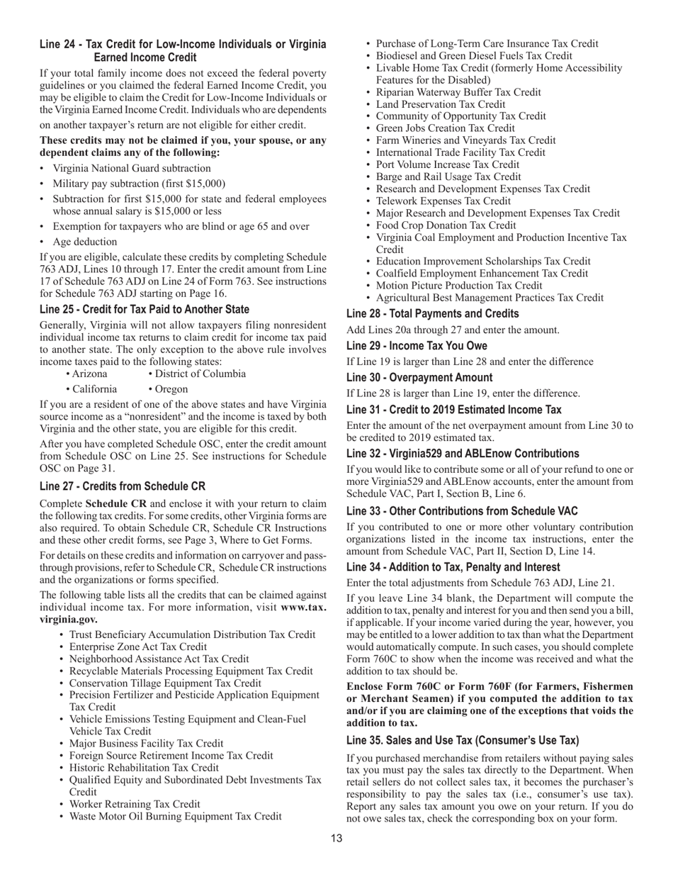 Instructions for Form 763 Nonresident Individual Income Tax Return - Virginia, Page 19