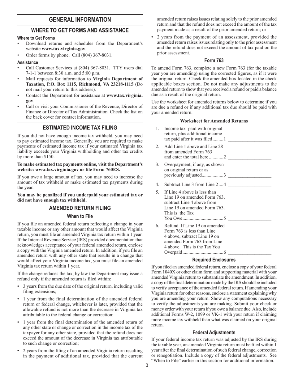 Instructions for Form 763 Nonresident Individual Income Tax Return - Virginia, Page 9