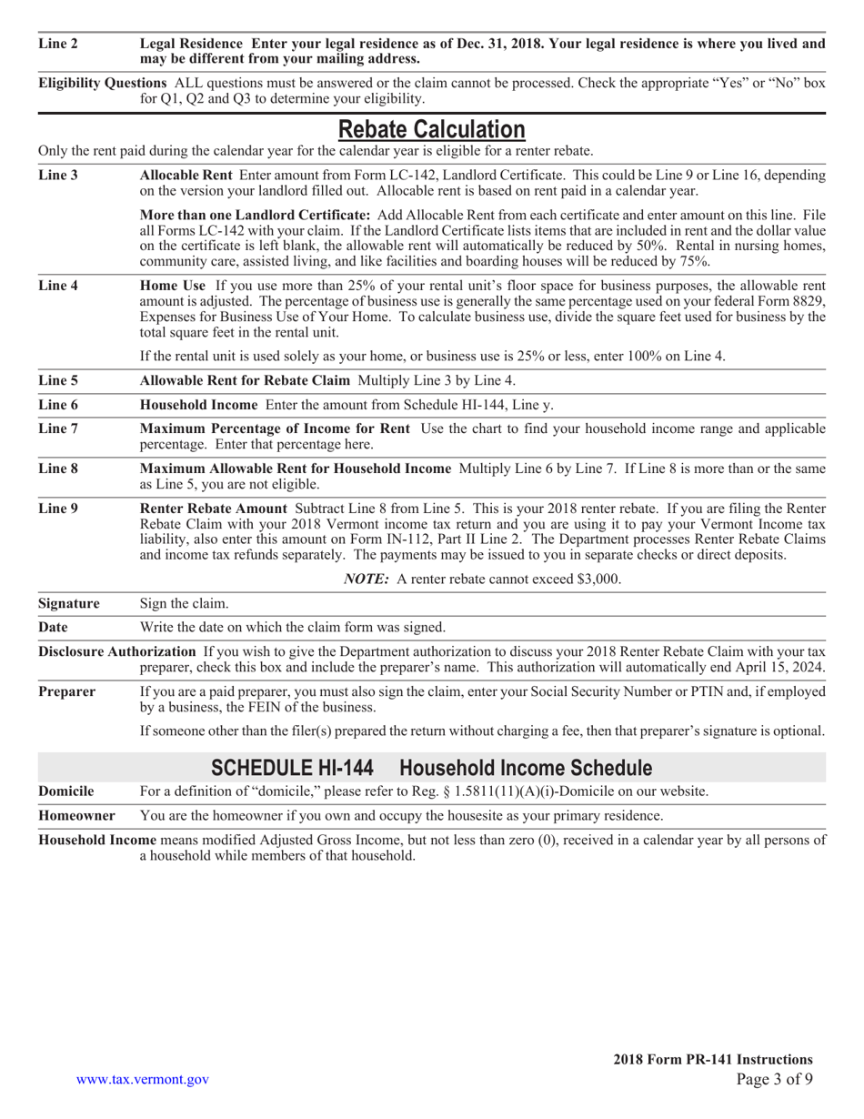 Instructions for Form PR-141 Vermont Renter Rebate Claim - Vermont, Page 3