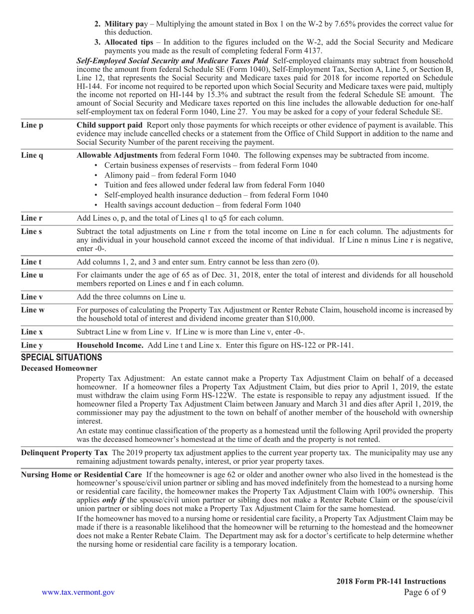Instructions for Form PR-141 Vermont Renter Rebate Claim - Vermont, Page 6