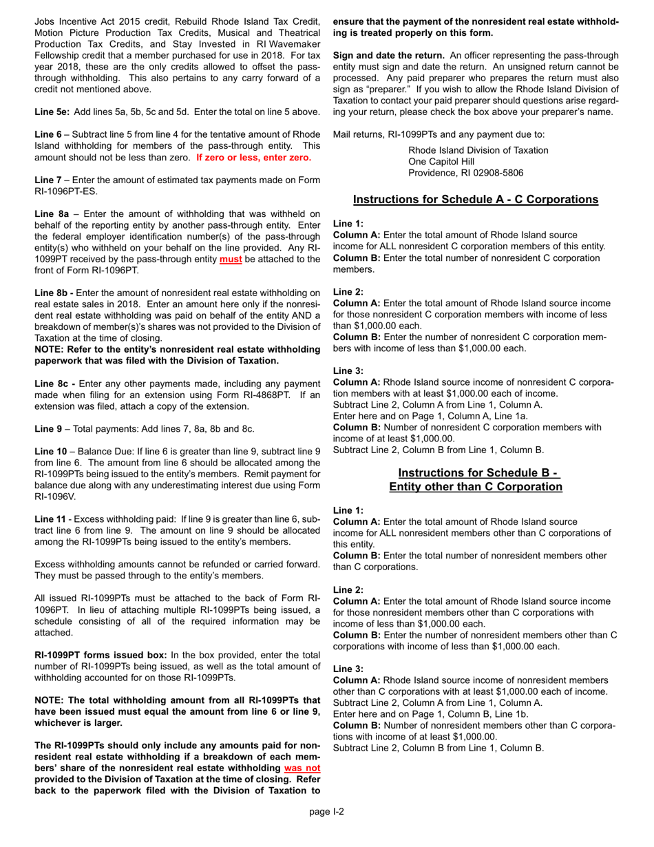 Instructions for Form RI-1096PT Pass-Through Withholding Return and Transmittal - Rhode Island, Page 2