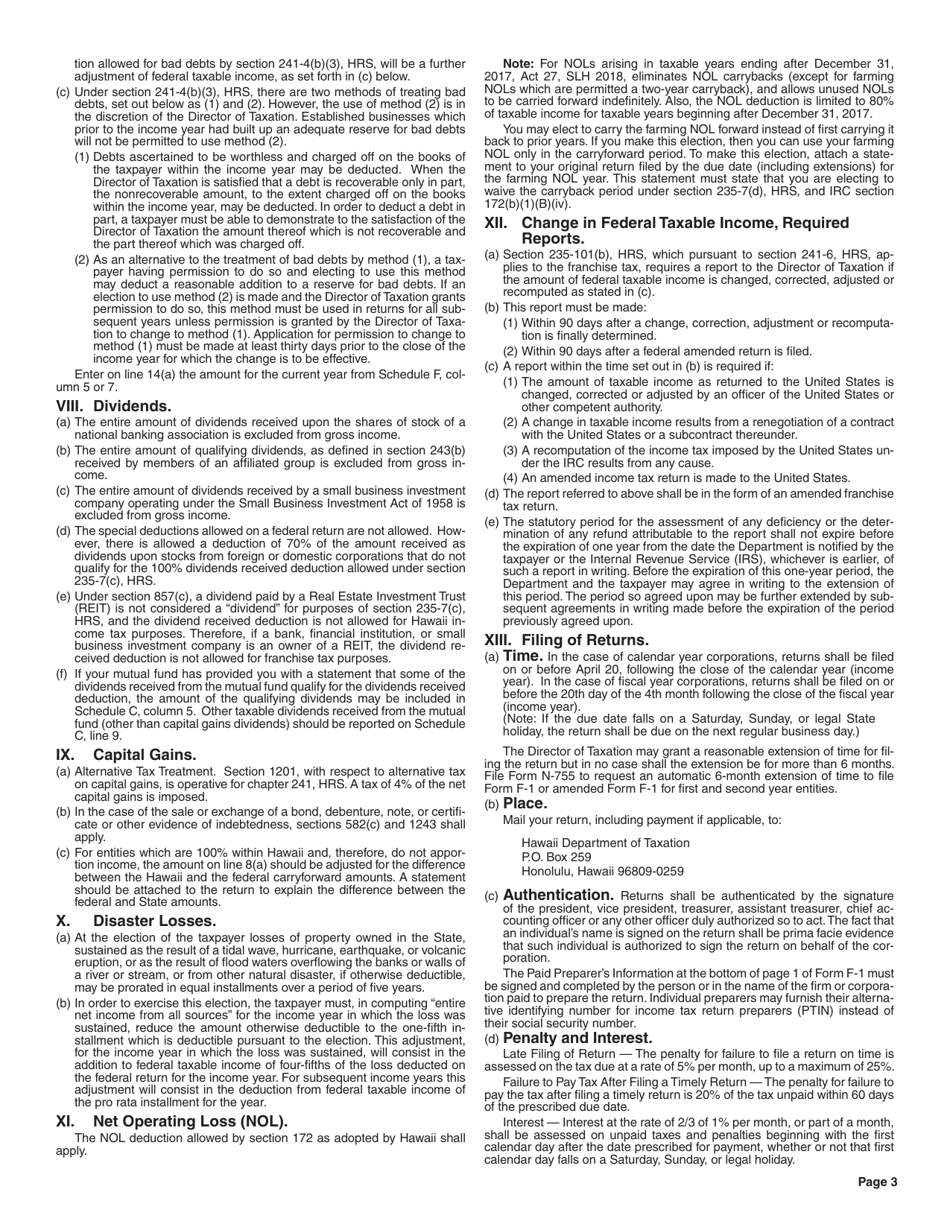 Instructions for Form F-1 Franchise Tax Return - Hawaii, Page 3