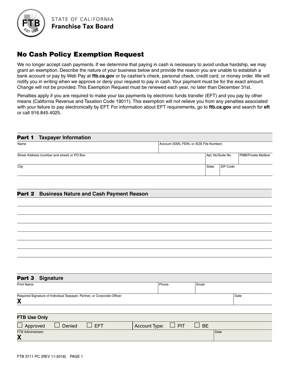 Form FTB3711 No Cash Policy Exemption Request - California, Page 1