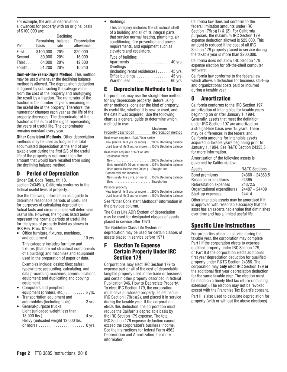Instructions for Form FTB3885 Corporation Depreciation and Amortization - California, Page 2