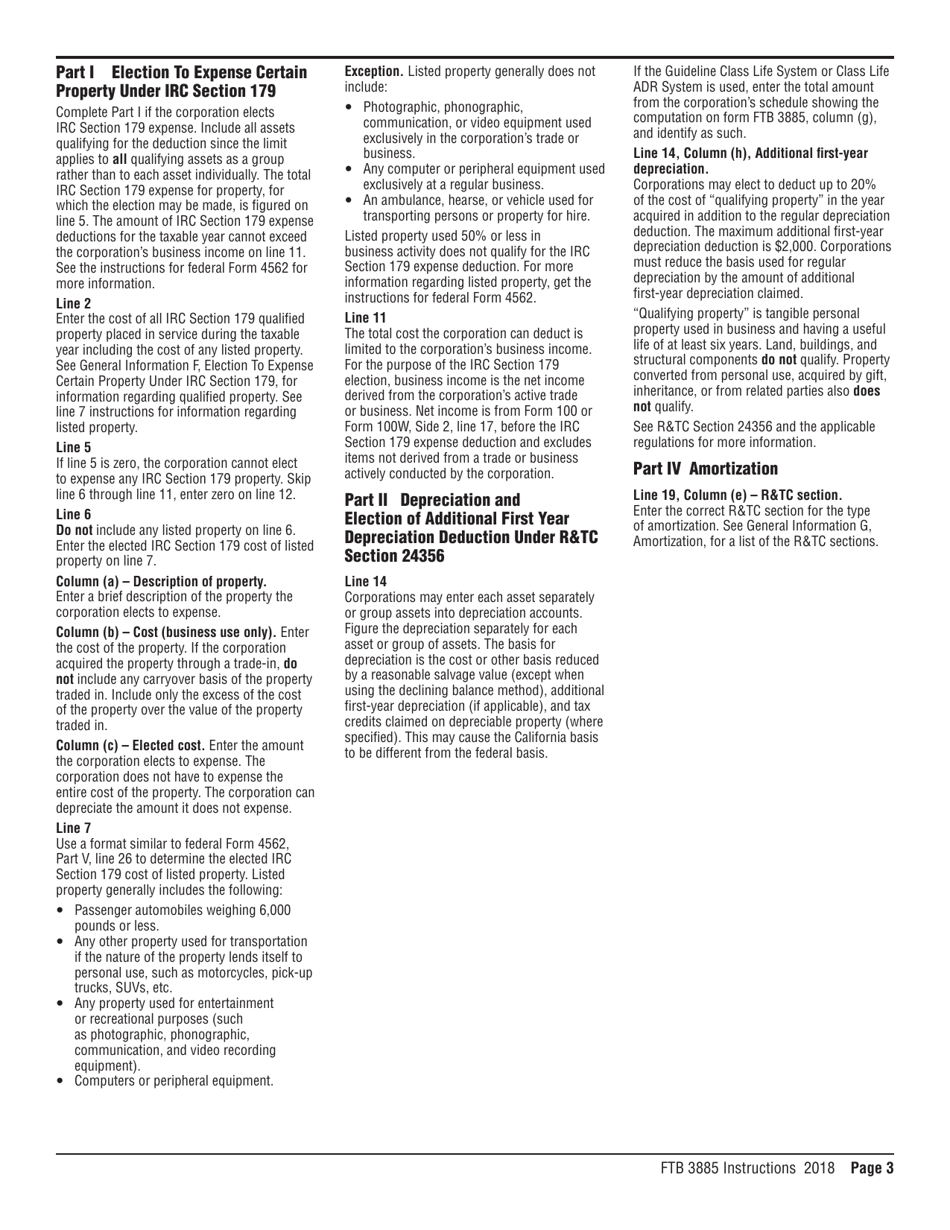 Instructions for Form FTB3885 Corporation Depreciation and Amortization - California, Page 3
