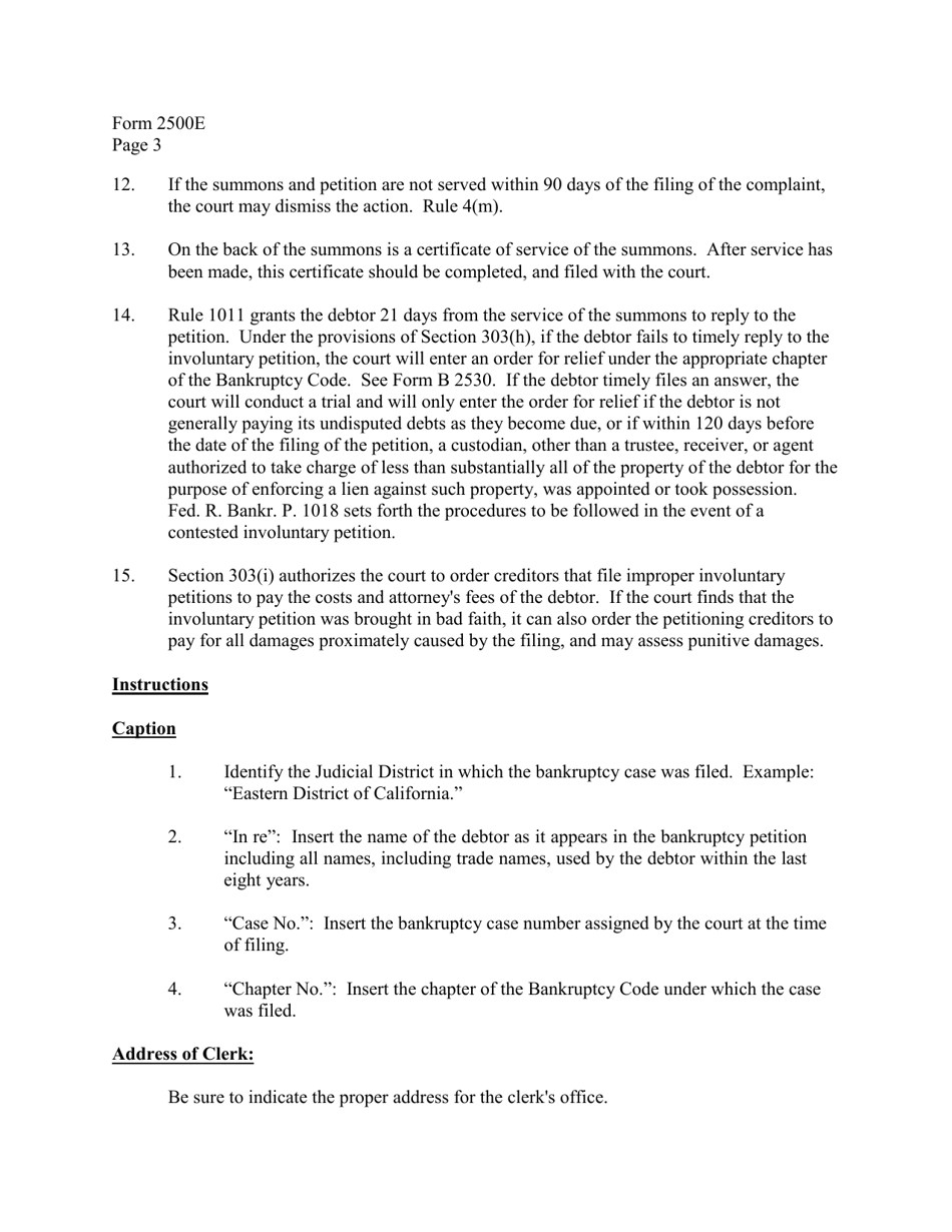 Instructions for Form B2500E Summons to Debtor in Involuntary Case, Page 3
