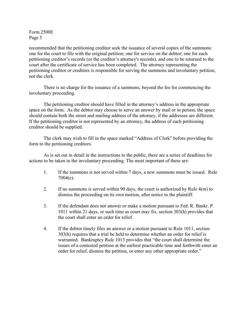 Instructions for Form B2500E Summons to Debtor in Involuntary Case, Page 5
