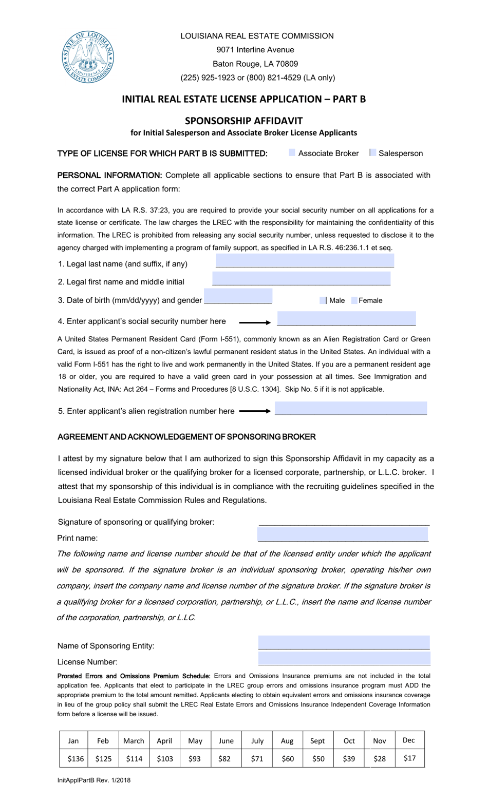 Louisiana Initial Real Estate License Application Part B Fill Out