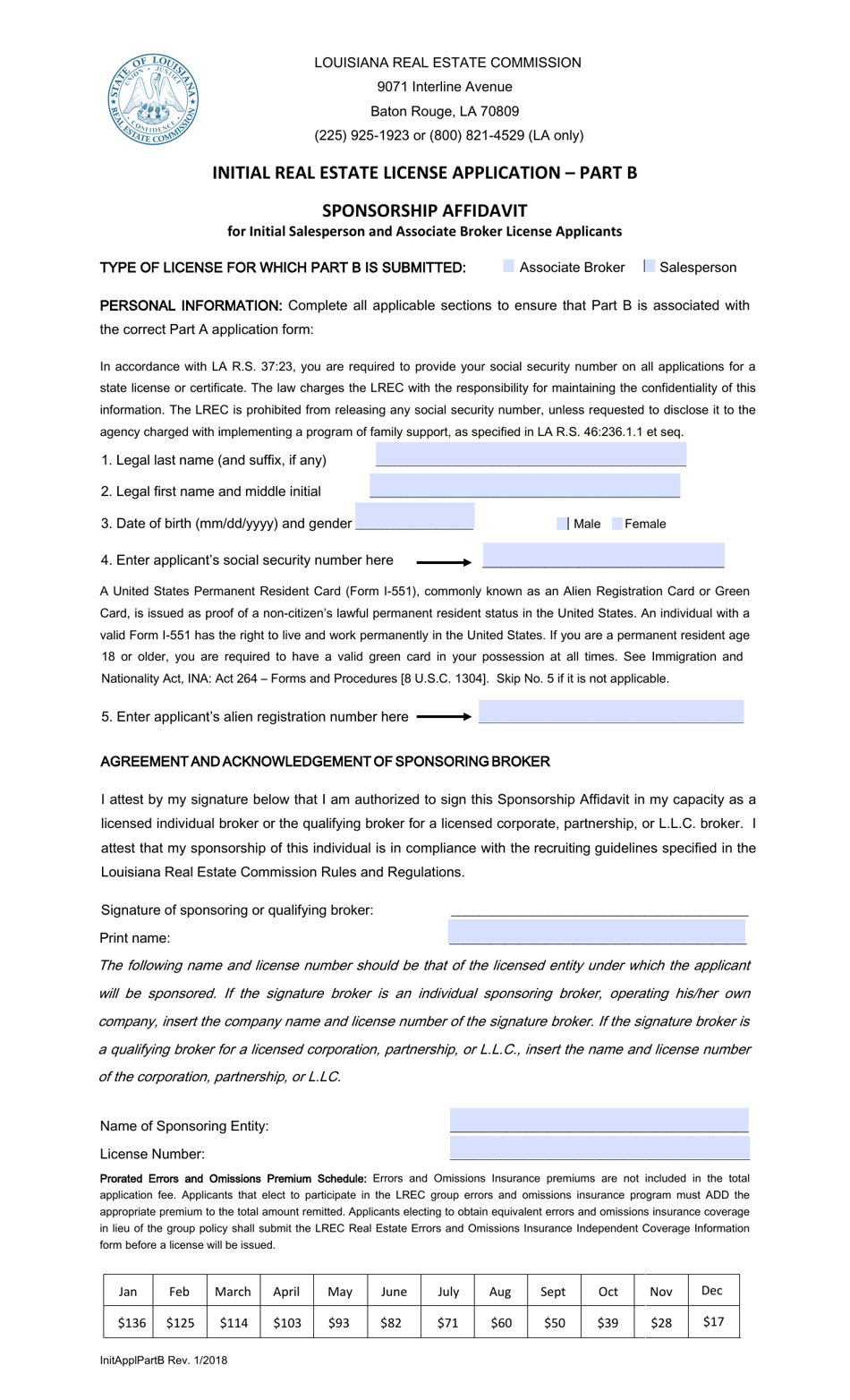 Initial Real Estate License Application - Part B - Louisiana, Page 1