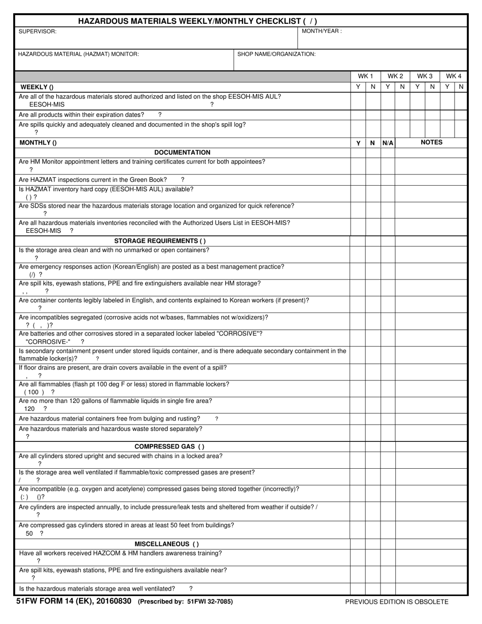 51 FW Form 14 EK Hazardous Materials Weekly / Monthly Checklist (English / Korean), Page 1