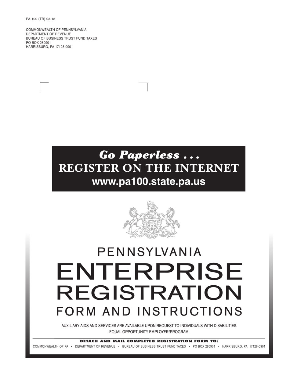 Form PA-100 Pa Enterprise Registration Form - Pennsylvania, Page 1