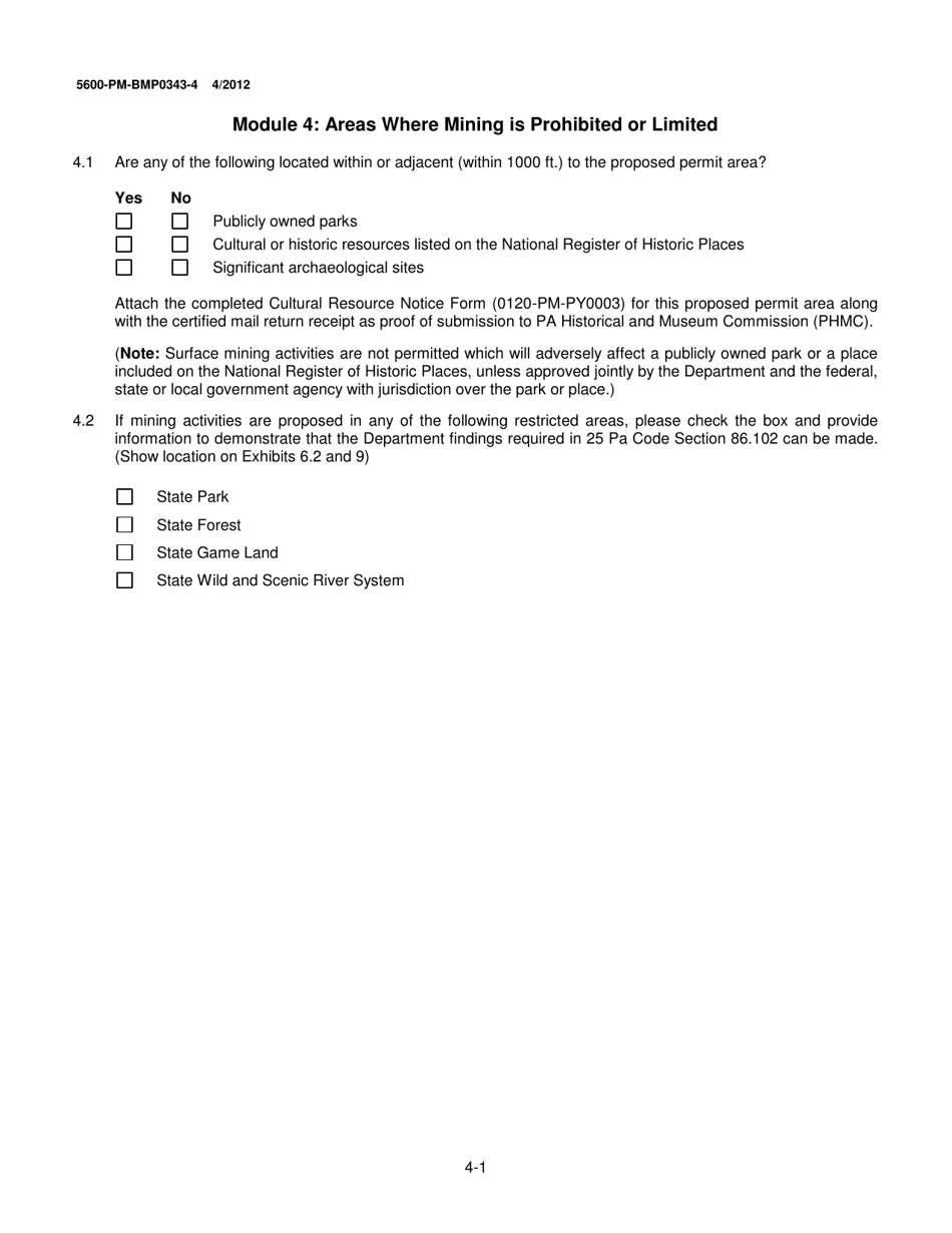 Form 5600-PM-BMP0343-4 Module 4: Areas Where Mining Is Prohibited or Limited - Pennsylvania, Page 1