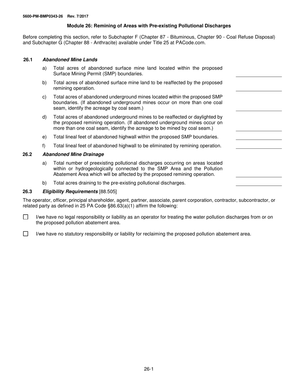 Form 5600-PM-BMP0343-26 Module 26: Remining of Areas With Pre-existing Pollutional Discharges - Pennsylvania, Page 1