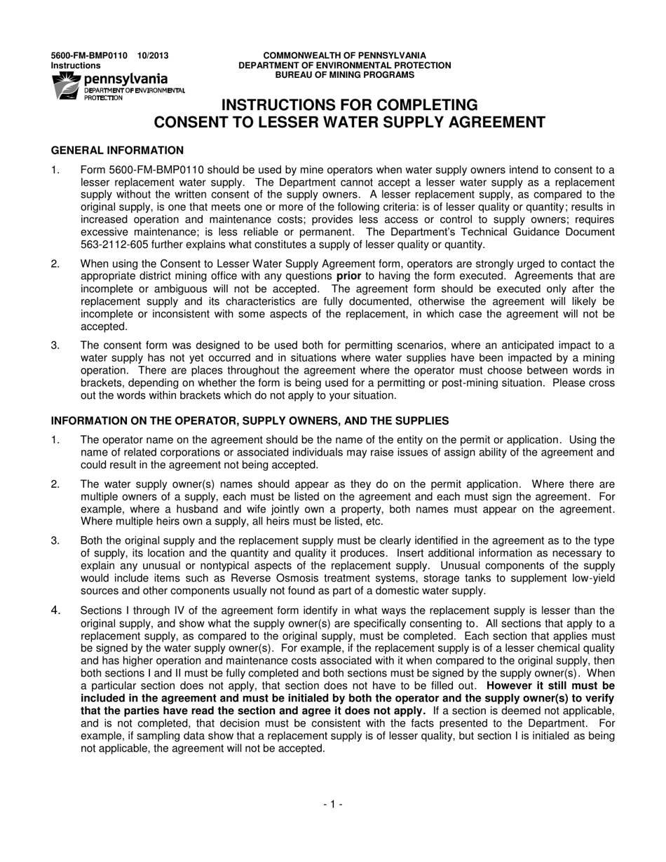 Instructions for Form 5600-FM-BMP0110 Consent to Lesser Water Supply Agreement - Pennsylvania, Page 1