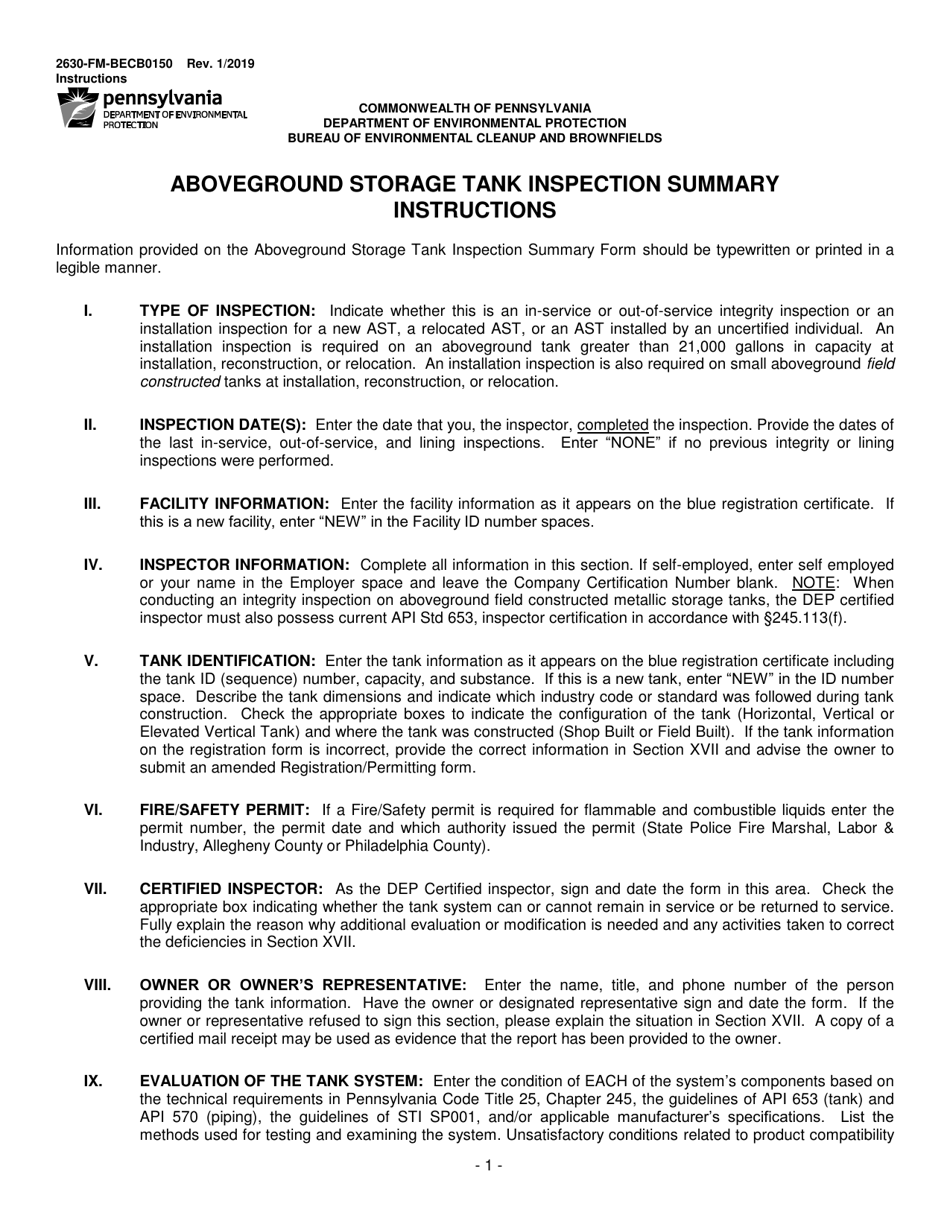 Instructions for Form 2630-FM-BECB0150 Aboveground Storage Tank Inspection Summary - Pennsylvania, Page 1