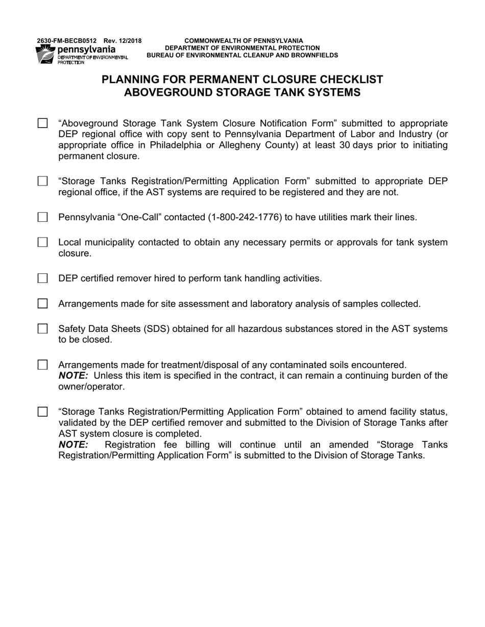 Form 2630-FM-BECB0512 Planning for Permanent Closure Checklist - Pennsylvania, Page 1