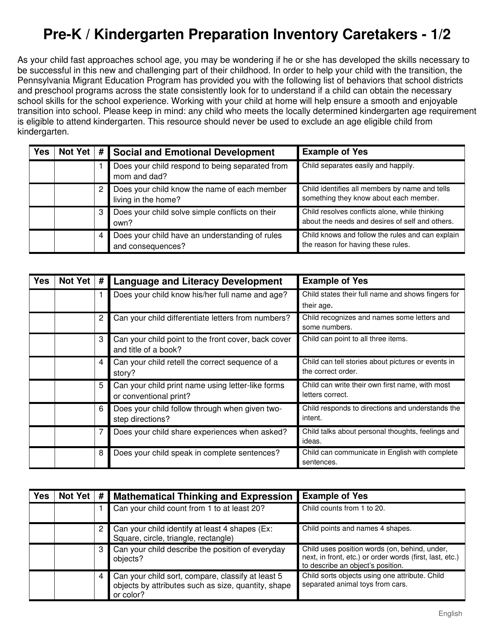 Pre-k / Kindergarten Preparation Inventory Caretakers - Pennsylvania Download Pdf