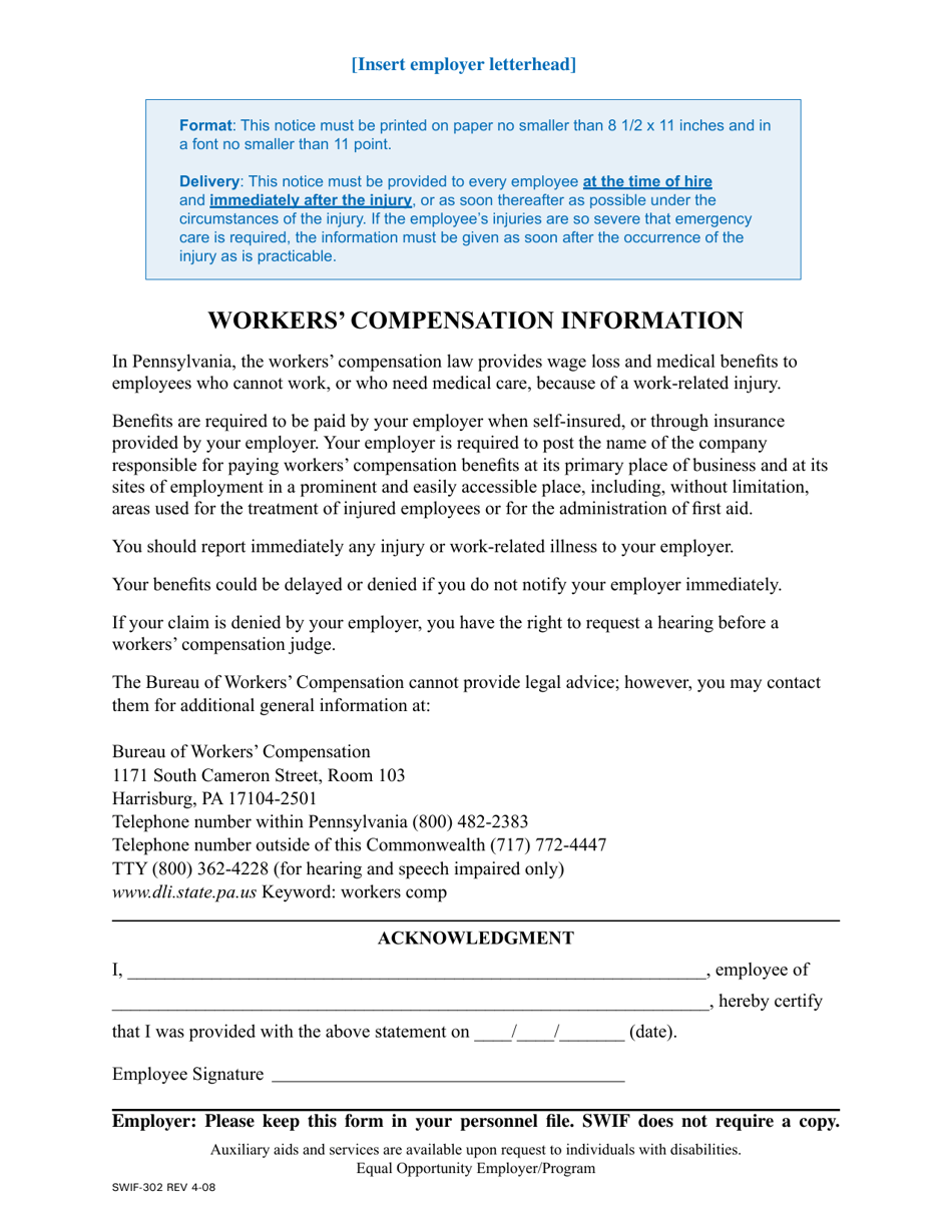 Form SWIF-302 Workers Compensation Information - Pennsylvania, Page 1