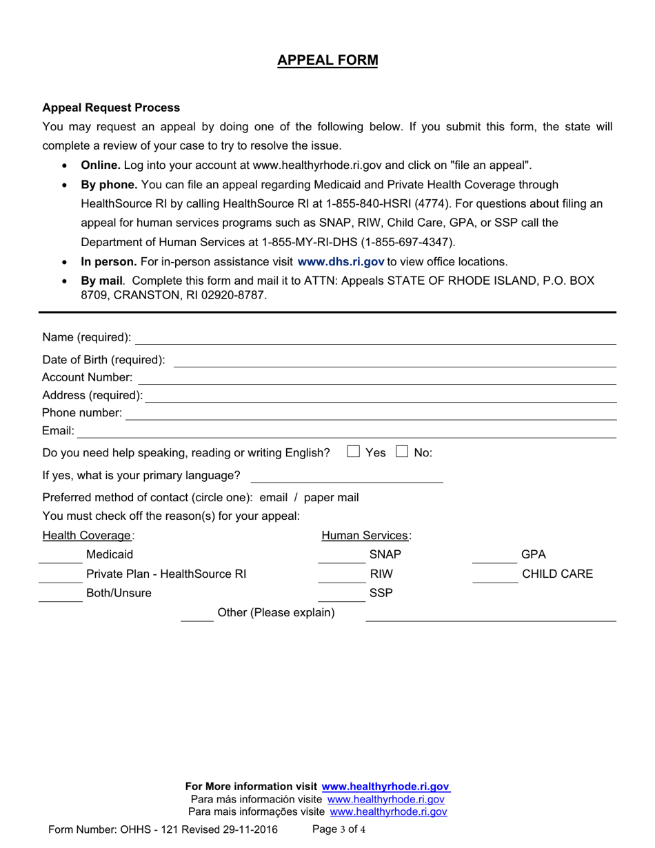 Form OHHS-121 Appeal Form - Rhode Island, Page 3