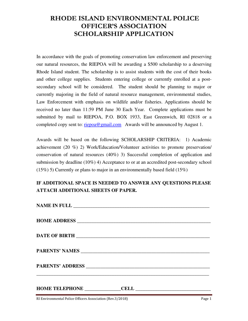 Rhode Island Environmental Police Officers Association Scholarship Application - Rhode Island, Page 1
