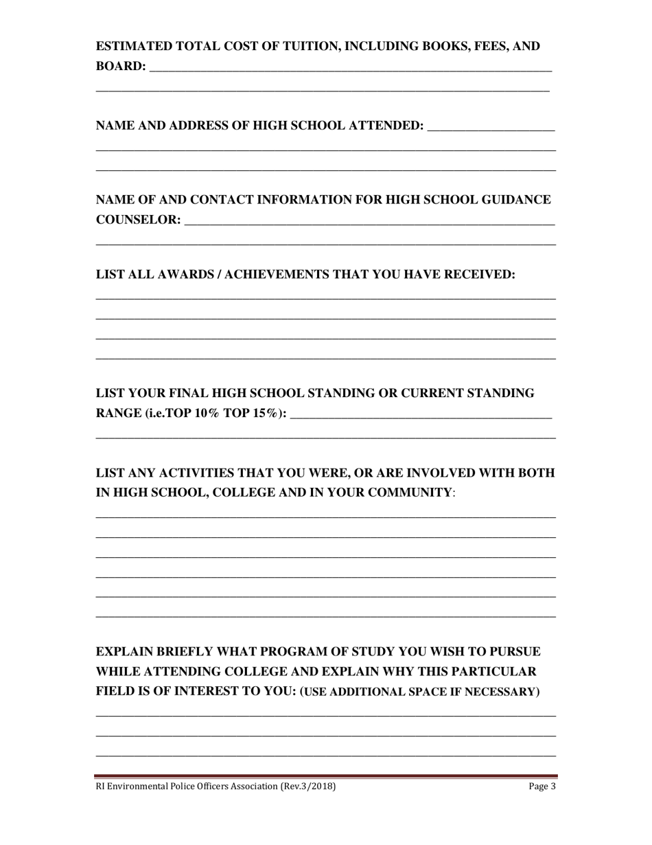 Rhode Island Environmental Police Officers Association Scholarship Application - Rhode Island, Page 3
