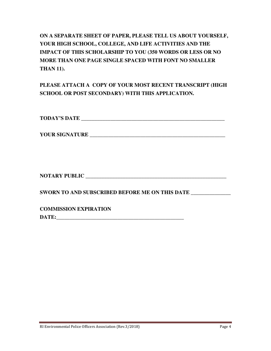 Rhode Island Environmental Police Officers Association Scholarship Application - Rhode Island, Page 4