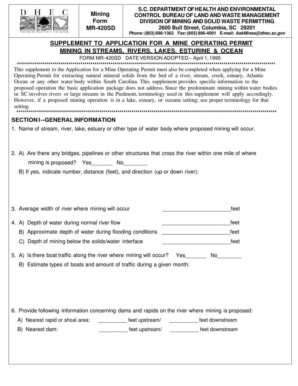 Mining Form MR-420SD Supplement to Application for a Mine Operating Permit Mining in Streams, Rivers, Lakes, Esturine  Ocean - South Carolina, Page 1