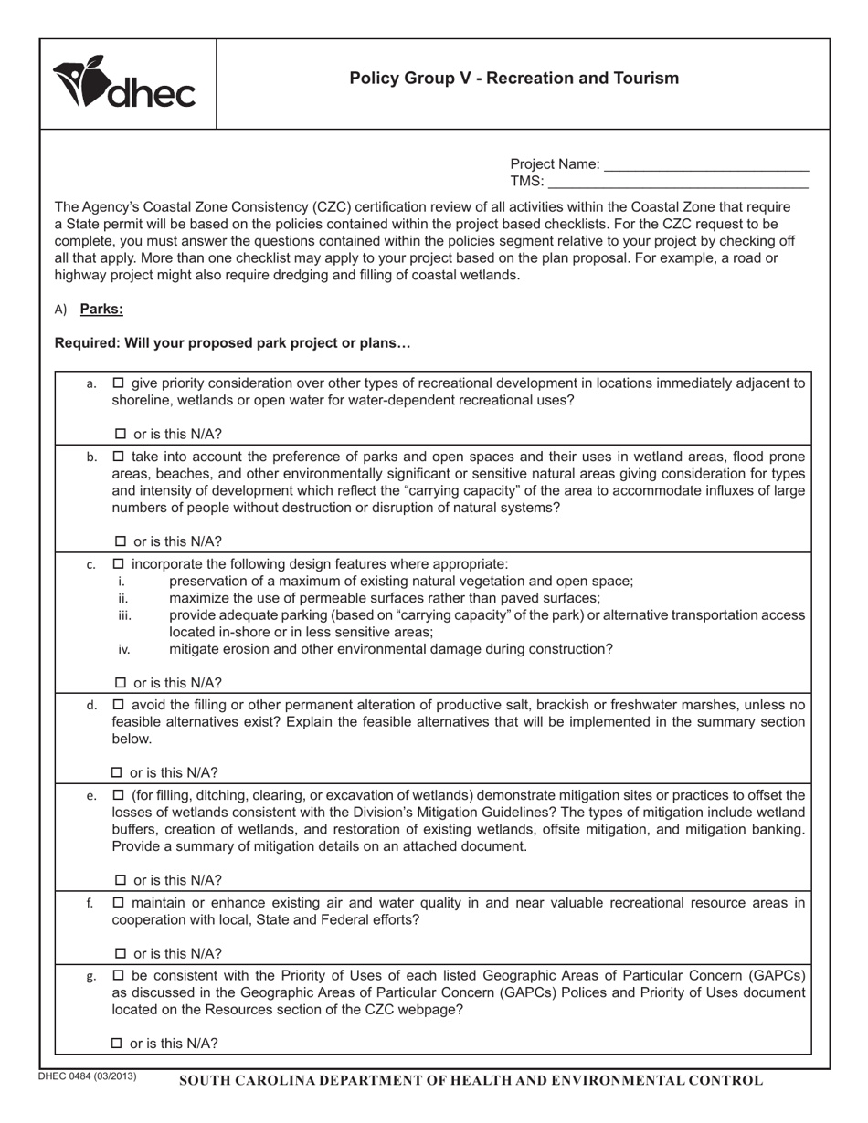 DHEC Form 0484 Recreation and Tourism - South Carolina, Page 1