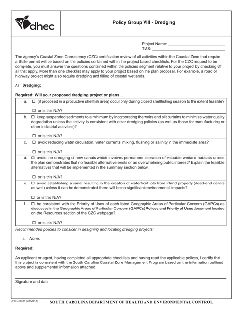 DHEC Form 0487 Dredging - South Carolina