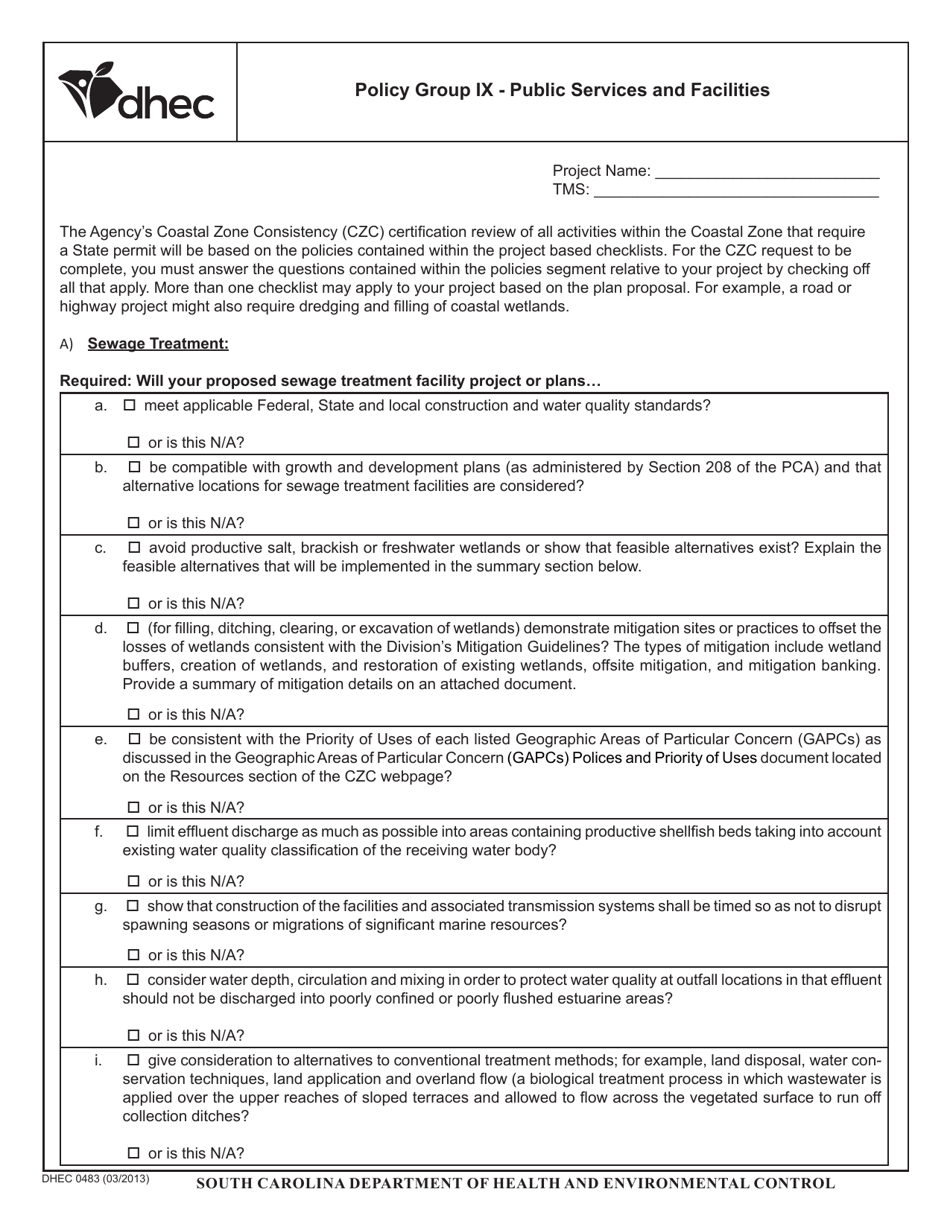 DHEC Form 0483 Public Services and Facilities - South Carolina, Page 1