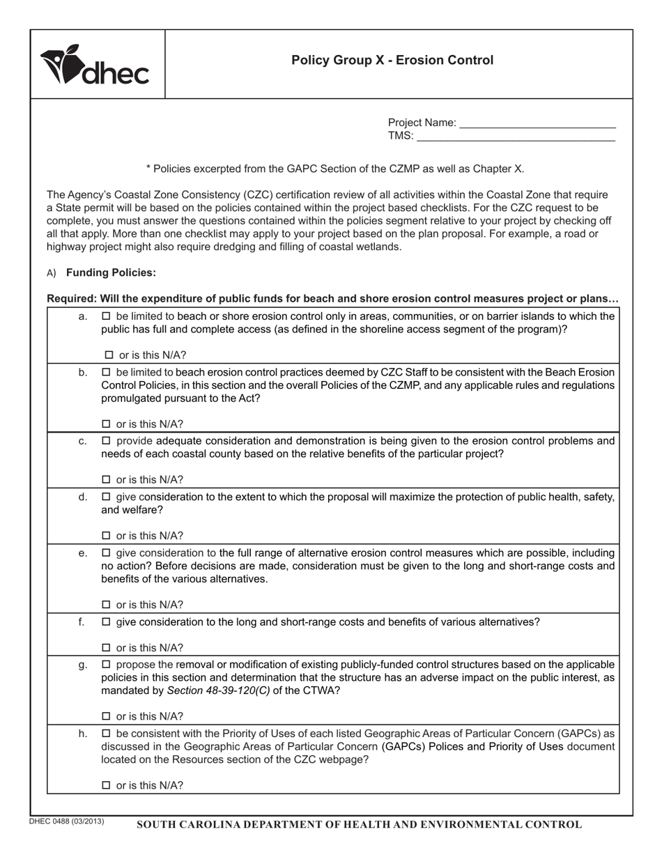DHEC Form 0488 Erosion Control - South Carolina, Page 1