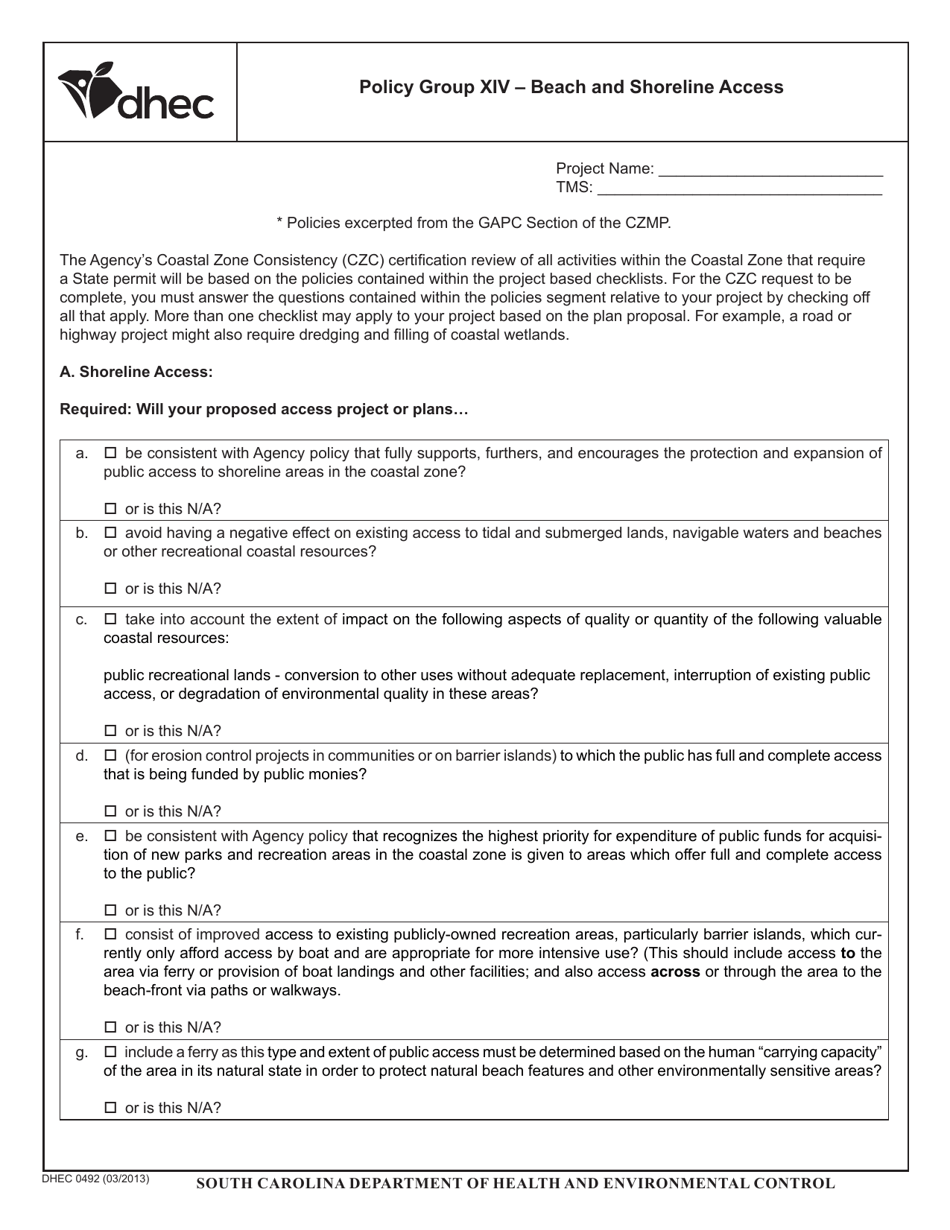 DHEC Form 0492 Beach and Shoreline Access - South Carolina, Page 1