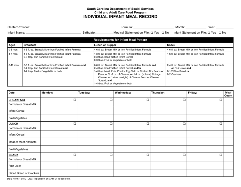 DSS Form 16150 Individual Infant Meal Record - South Carolina