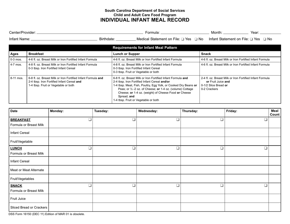 DSS Form 16150 Individual Infant Meal Record - South Carolina, Page 1