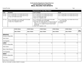 Document preview: DSS Form 16149 Meal Record for Infants - South Carolina
