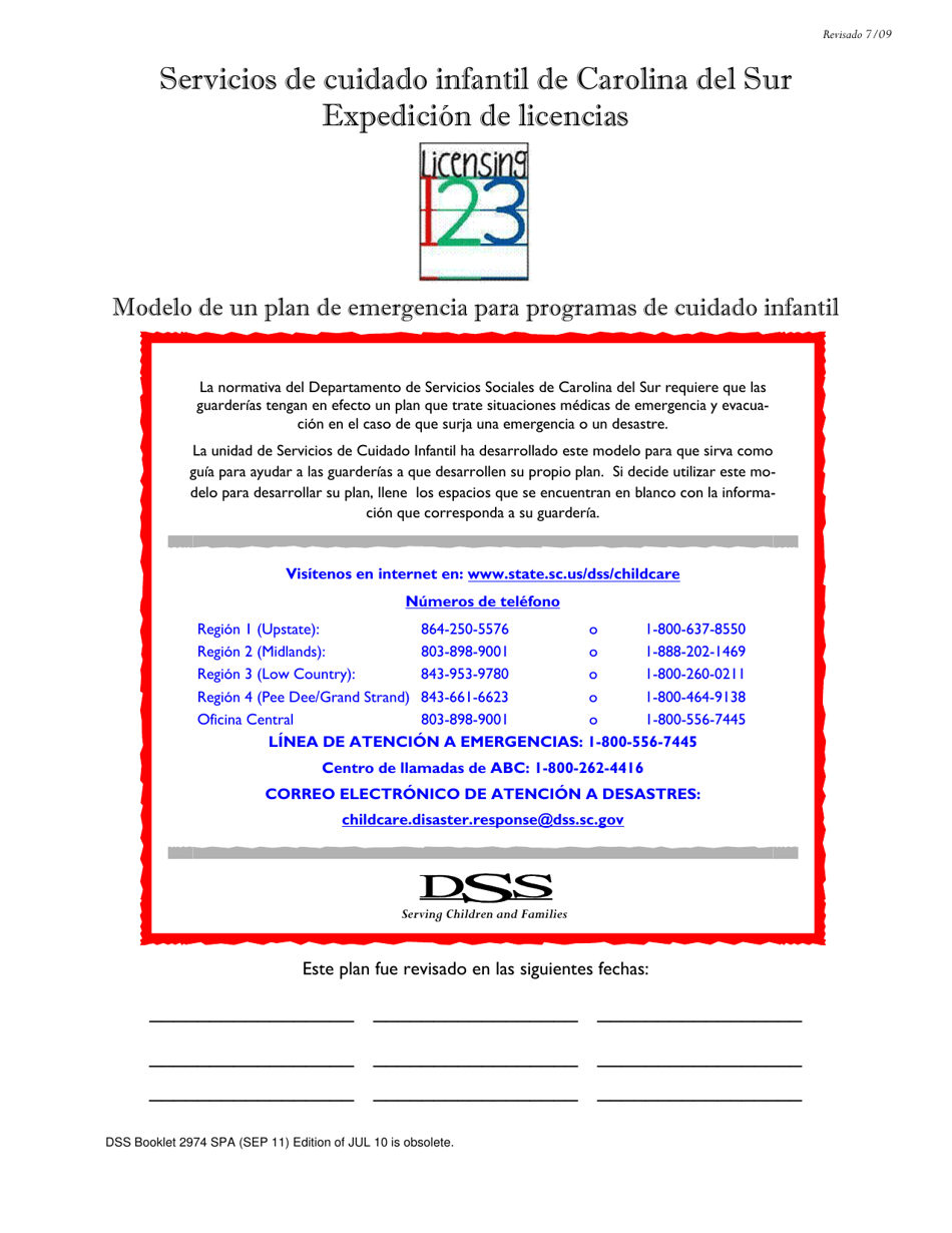 DSS Formulario 2974 SPA Modelo De Un Plan De Emergencia Para Programas De Cuidado Infantil - South Carolina (Spanish), Page 1