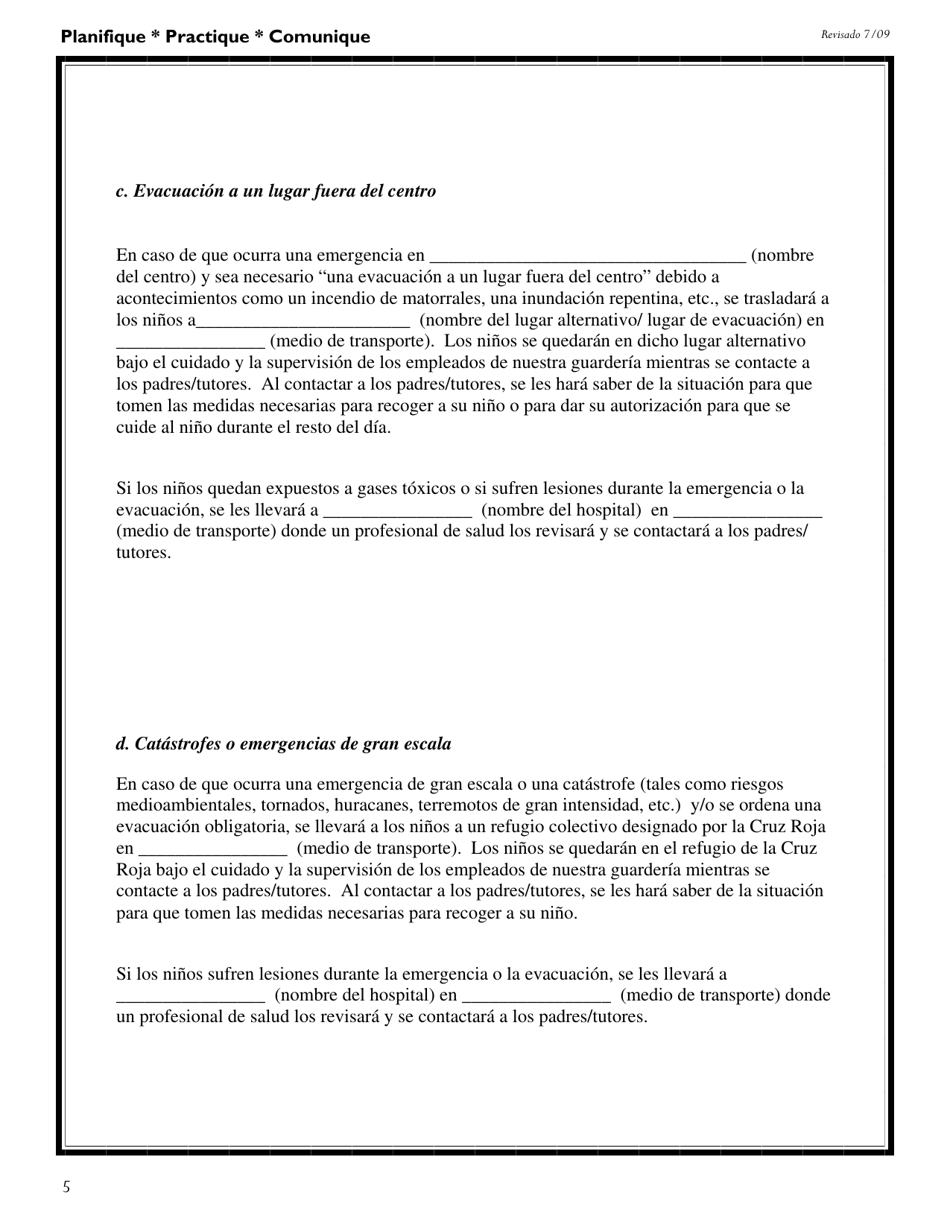 DSS Formulario 2974 SPA Modelo De Un Plan De Emergencia Para Programas De Cuidado Infantil - South Carolina (Spanish), Page 6