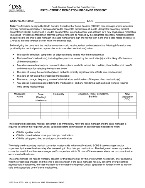 DSS Form 2056 Psychotropic Medication Informed Consent - South Carolina